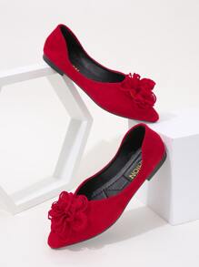Floral Appliques Ballet Flats - Red - View 1