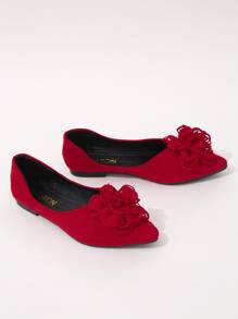 Floral Appliques Ballet Flats - Red - View 4