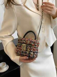 Lightweight,Business Casual Lightweight, Portable Casual, Fashion Mini Plaid Pattern Tweed Bucket Bag For Girls, Women, College Students, Rookies & White-collar Workers For Fall, Winter Essential, For Work, Office, Commute, College, For Autumn & Winter, Outdoors For Teen Girls Women College Students,Rookies & White-collar Workers Perfect for Office,College,Work ,Business,Commute,Outdoors, Travel, Outings