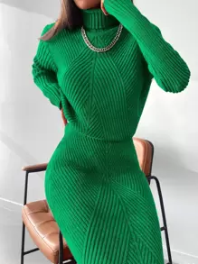 EURMUSE Solid Turtleneck Sweater & Knit Pencil Skirt - Green - View 6