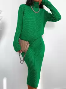 EURMUSE Solid Turtleneck Sweater & Knit Pencil Skirt - Green - View 3