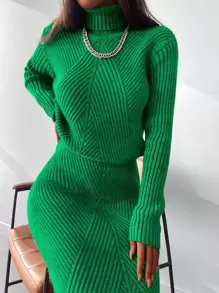 EURMUSE Solid Turtleneck Sweater & Knit Pencil Skirt - Green - View 4