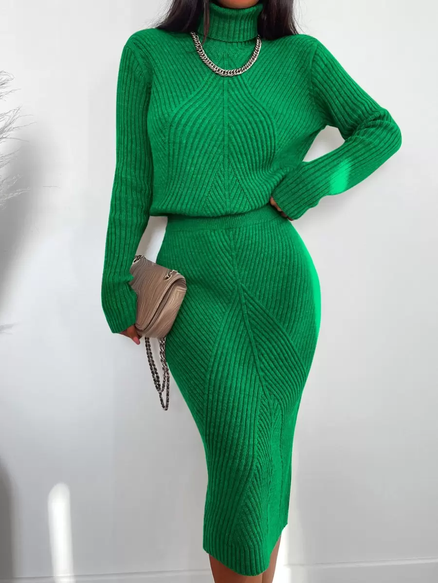 EURMUSE Solid Turtleneck Sweater & Knit Pencil Skirt - Green - View 1