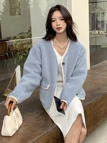 DAZY 落肩纽扣前泰迪夹克冬季 - 淺藍色 - 查看 2