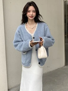 DAZY 落肩纽扣前泰迪夹克冬季 - 淺藍色 - 查看 3