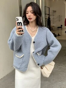 DAZY 落肩纽扣前泰迪夹克冬季 - 淺藍色 - 查看 4