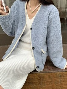 DAZY 落肩纽扣前泰迪夹克冬季 - 淺藍色 - 查看 6