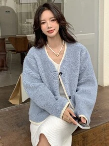 DAZY 落肩纽扣前泰迪夹克冬季 - 淺藍色 - 查看 7