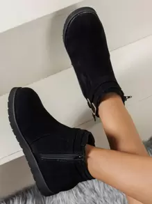 Faux Suede Buckle Decor Zipper Side Boots - Black - View 5