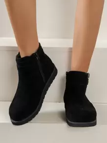 Faux Suede Buckle Decor Zipper Side Boots - Black - View 3