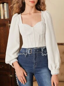 SHEIN MOD Áo sơ mi nữ Tương phản ren màu trơn Retro - Màu be - Xem 1
