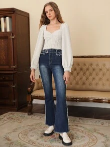 SHEIN MOD Áo sơ mi nữ Tương phản ren màu trơn Retro - Màu be - Xem 3