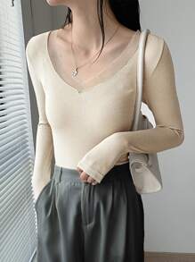 DAZY Solid Contrast Mesh V Neck Thermal Underwear Top - Beige - View 1