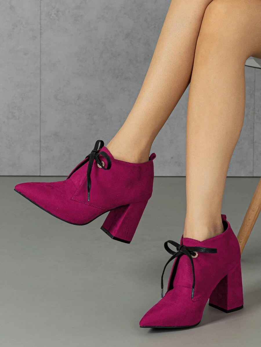仿麂皮霓虹粉色前綁帶尖頭粗跟靴子 - 中紫紅色 - 查看 1
