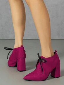仿麂皮霓虹粉色前綁帶尖頭粗跟靴子 - 中紫紅色 - 查看 5