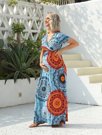 孕婦交叉圍裹滿版印花連衣裙