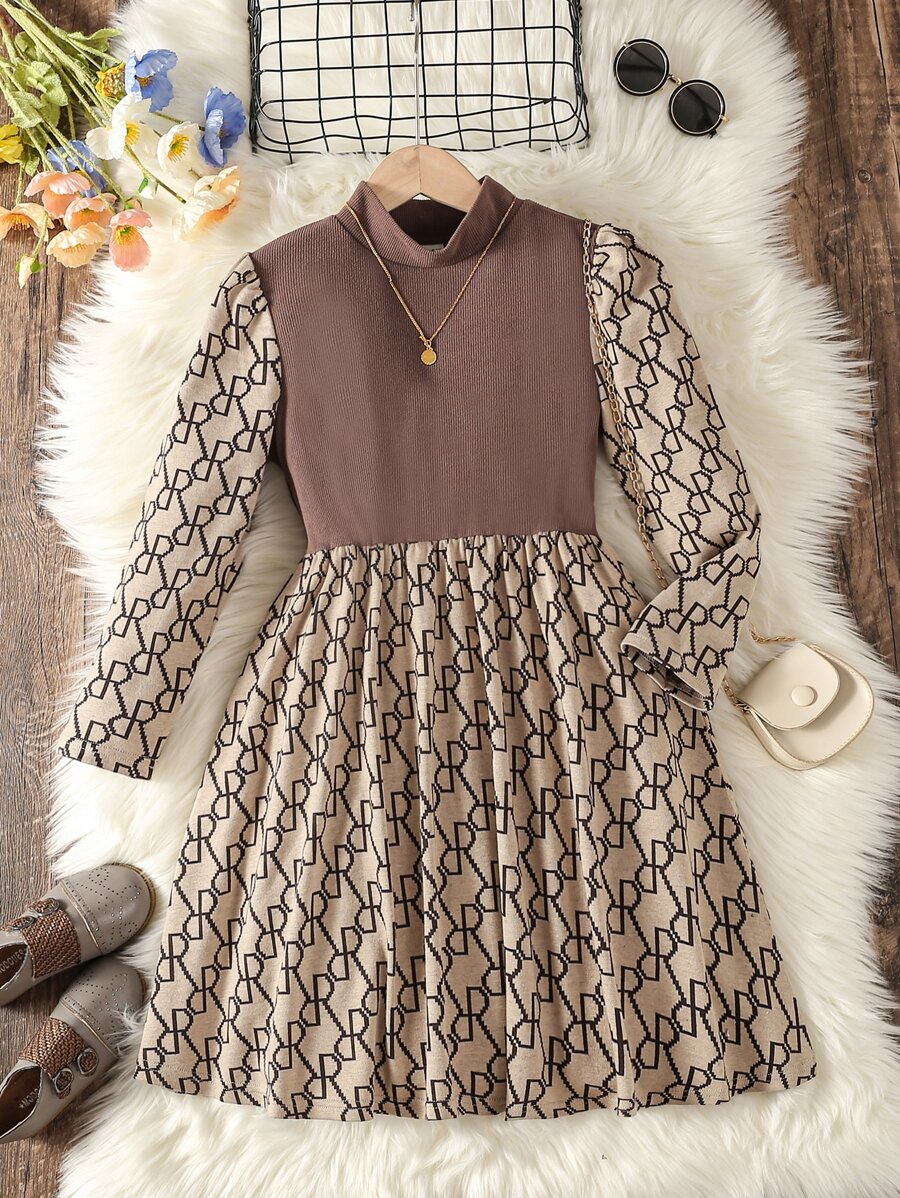 Tween Girl Geo Graphic Mock Neck Dress - Multicolor - View 1