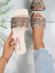 魅力四射戶外平底拖鞋適用於女士水鑽和亮片裝飾露趾涼拖 - 金色 - 查看 1