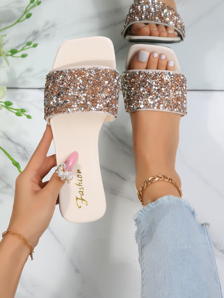 魅力四射戶外平底拖鞋適用於女士水鑽和亮片裝飾露趾涼拖 - 金色 - 查看 1