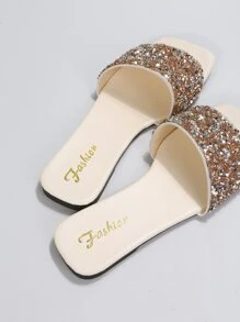 魅力四射戶外平底拖鞋適用於女士水鑽和亮片裝飾露趾涼拖 - 金色 - 查看 2