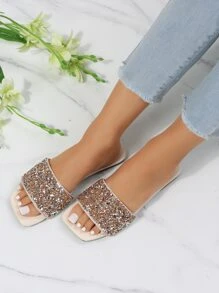 魅力四射戶外平底拖鞋適用於女士水鑽和亮片裝飾露趾涼拖 - 金色 - 查看 6