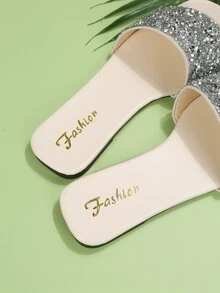 Sequins Decor Flat Slide Sandals - Silver - View 3
