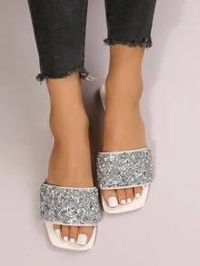 Sequins Decor Flat Slide Sandals - Silver - View 4