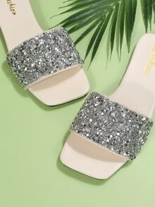 Sequins Decor Flat Slide Sandals - Silver - View 6