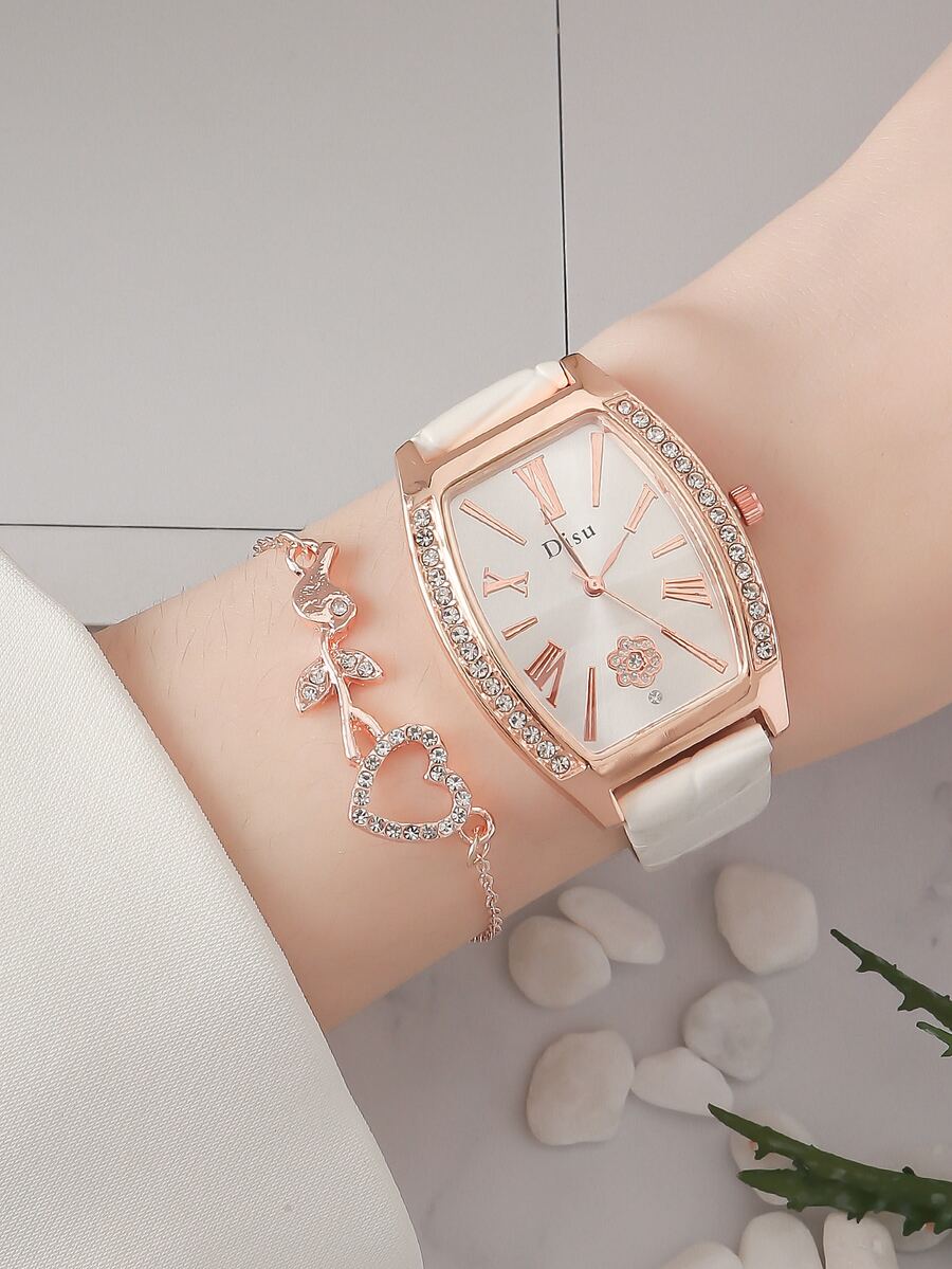 DISU Đồng hồ thạch anh trang trí bằng đá thạch anh 1 cái & Vòng đeo tay 1 cái - trắng - Xem 1