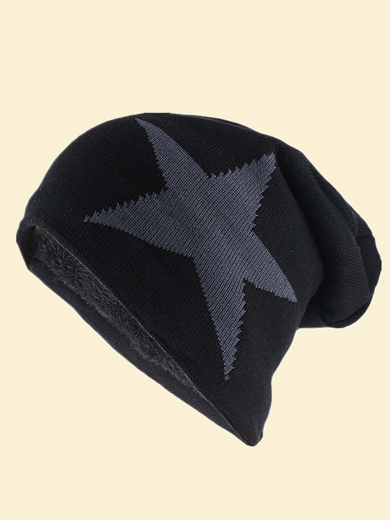 Men Star Pattern Plush Lined Slouchy Beanie - Black - View 1