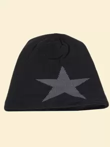 Men Star Pattern Plush Lined Slouchy Beanie - Black - View 2