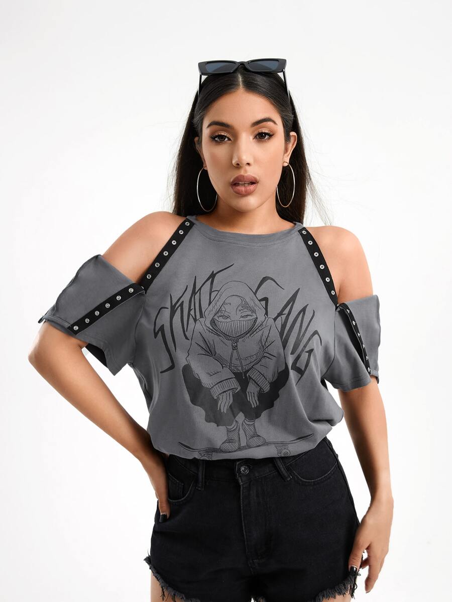 QuietDraw Figure & Letter Graphic Cold Shoulder Tee - Dark Grey - View 1