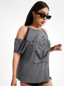 QuietDraw Figure & Letter Graphic Cold Shoulder Tee - Dark Grey - View 3