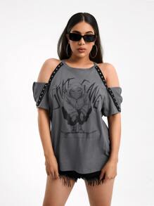 QuietDraw Figure & Letter Graphic Cold Shoulder Tee - Dark Grey - View 6