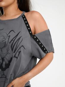QuietDraw Figure & Letter Graphic Cold Shoulder Tee - Dark Grey - View 7