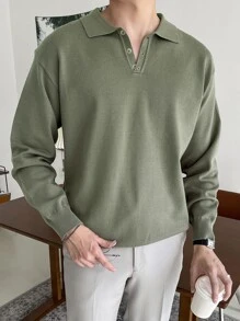 DAZY Men Polo Neck Button Front Jumper - Army Green - View 1