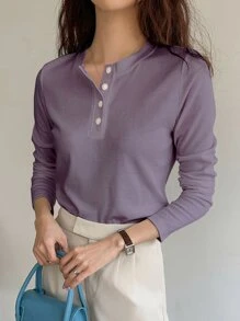 DAZY Quarter Button Rib Knit Tee,Fall Clothes,Back To School Clothes Long Sleeve Women Tops - Mauve Purple - View 3