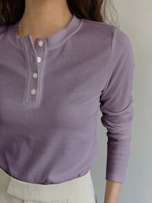 DAZY Quarter Button Rib Knit Tee,Fall Clothes,Back To School Clothes Long Sleeve Women Tops - Mauve Purple - View 4