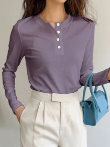DAZY Quarter Button Rib Knit Tee,Fall Clothes,Back To School Clothes Long Sleeve Women Tops - Mauve Purple - View 5