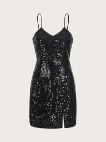SHEIN BAE Split Thigh Sequin Cami Dress - Black - View 1