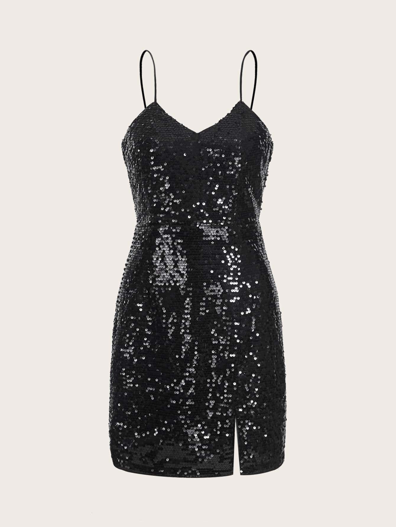 SHEIN BAE Split Thigh Sequin Cami Dress - Black - View 1