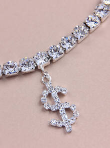 Rhinestone Dollar Sign Charm Anklet - Silver - View 3