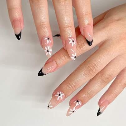 غيّري مظهر أظافرك مع 24 قطعة من الأظافر المزيّفة ذات التصميم الجذّاب للزهور الفرنسية بشكل لوزي طويل، الطول والمقاس المثالي، مجموعة أظافر ذات لاصق مفصول وسهلة الاستعمال للسيدات والفتيات، أدوات للأظافر اضافر صناعيه اظافر اصطناع
