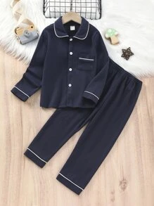 Toddler Boys Patched Pocket Piping Trim PJ Set - Navy Blue - View 1