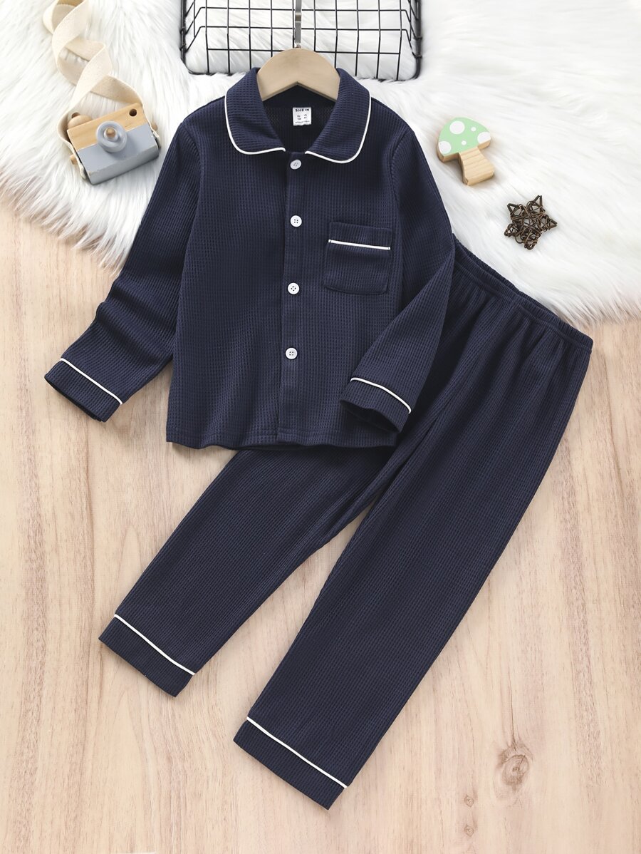 Toddler Boys Patched Pocket Piping Trim PJ Set - Navy Blue - View 1