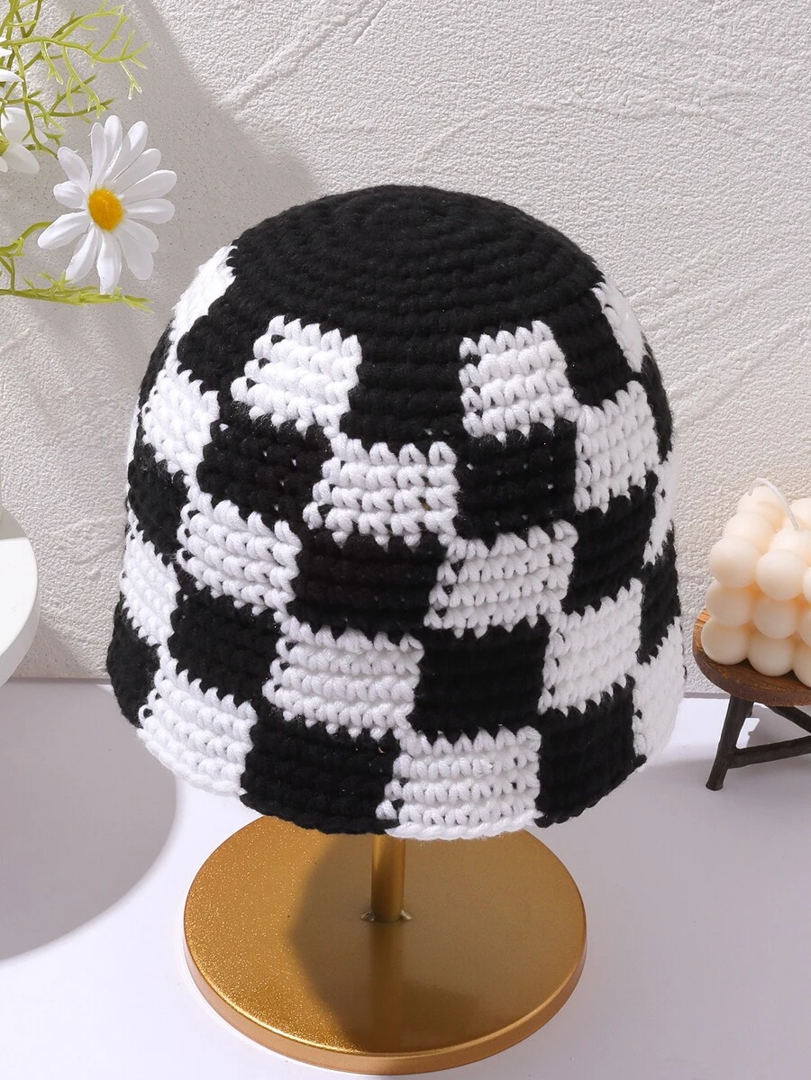Checkered Pattern Bucket Hat - Black and White - View 1