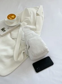 Mini Solid Color Minimalist Luxury Corduroy Leopard Print Chest Bag - White - View 6