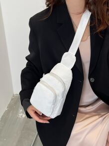 Mini Solid Color Minimalist Luxury Corduroy Leopard Print Chest Bag - White - View 8