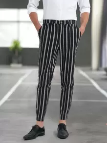 Manfinity Hombres Pantalones de rayas con bolsillo oblicuo - Blanco y Negro - Ver 1