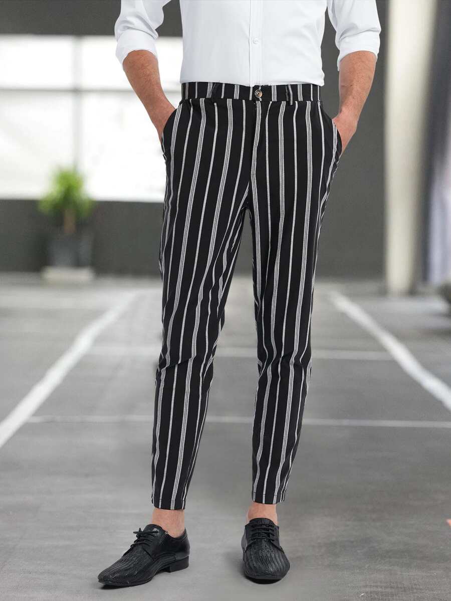 Manfinity Hombres Pantalones de rayas con bolsillo oblicuo - Blanco y Negro - Ver 1